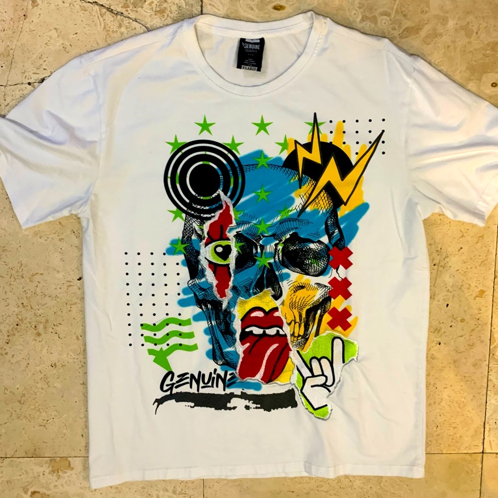 GENUINE Embroidery Over Print Bright Colors Over White T-shirt Size XL